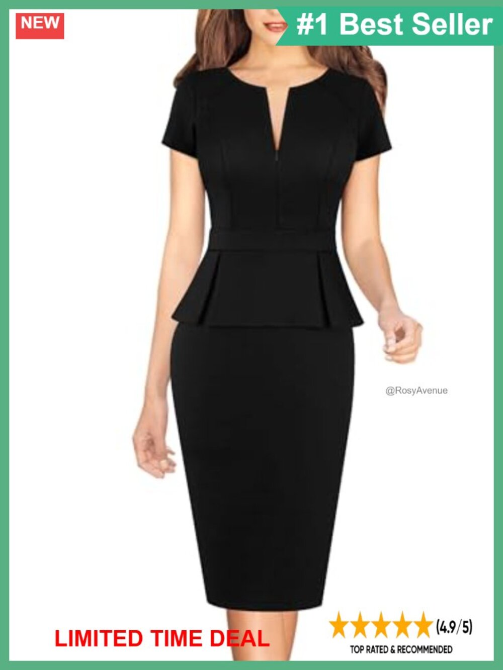 Women's Front Zipper Peplum Work Office Business Casual Pencil Dress Short